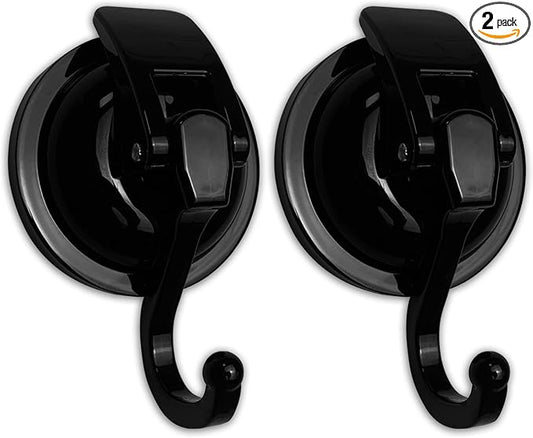 Heavy Duty Vacuum Shower Hooks - Glass Suction Cup Hooks, Reusable, No Hole Punched, for Bathroom Robe and Garland Decoration (Black, 2 Pack)