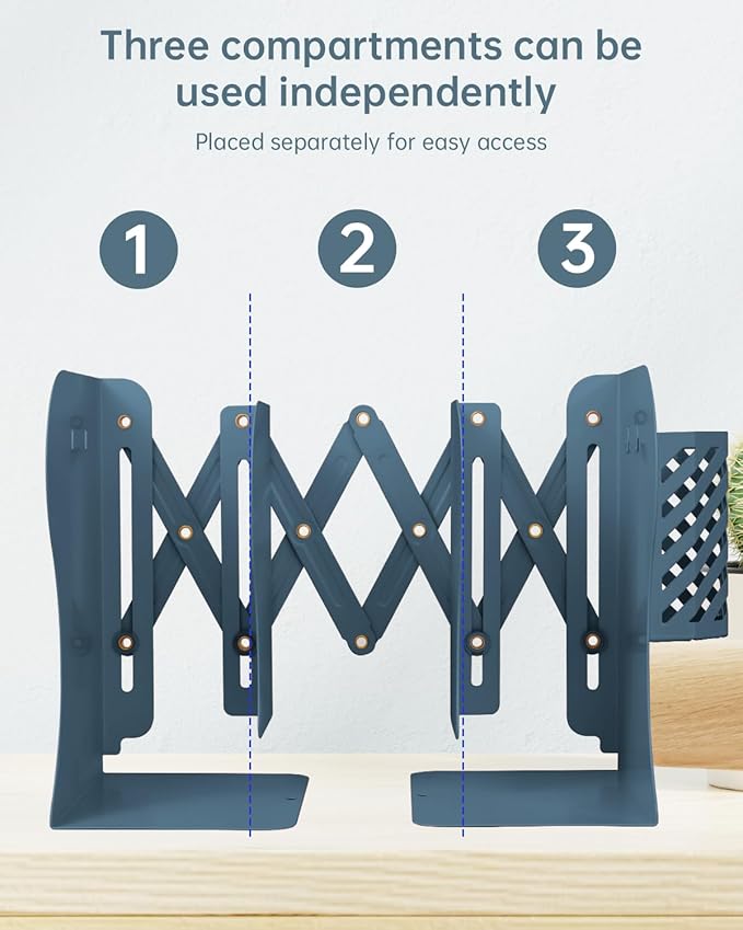 Honagu Adjustable Bookends, Metal Book Ends for Shelves Heavy Book, Desk Magazine File Organizer for Home, Office, Books, Papers, Extends up to 19 inches with Pen Holder (Blue)