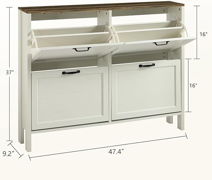 Shoe Cabinet with 4 Flip Drawers, Narrow Shoe Storage Cabinet, Freestanding Shoe Cabinet Organizer, Hidden Shoe Rack Cabinet for Entryway, Hallway (4-Drawers, Off White-Brown)-NeatNest