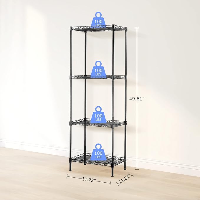 4 Tier Narrow Wire Shelving Unit, Adjustable Narrow Metal Shelf, Narrow Storage Shelves for Small Spaces, Laundry, Bathroom, Kitchen, Pantry, 12" D X 18" W X 50" H, 265 LBS Capacity, Black