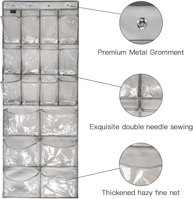 Extra Large Hanging Crystal Clear Over Door Shoe Organizer, Closet Shoe Rack with 12+6 Pockets, 8 Hooks, Grey (59"x 21.6")-NeatNest