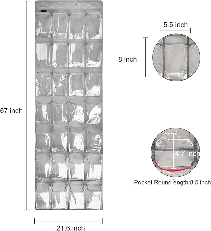 28 Large 1 Pack Transparent Pockets Over The Door Shoe Organizer Sturdy Hanging Shoe Rack for Door Closet Sneakers or Accessories, 4 hooks（Grey）-NeatNest