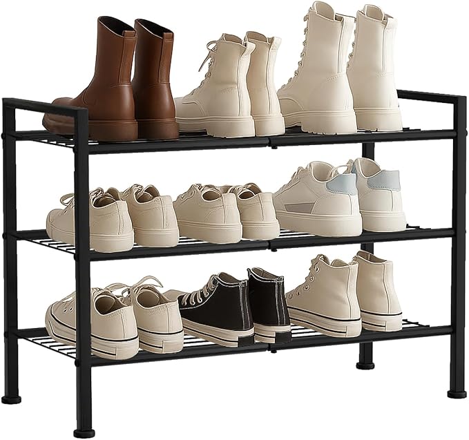 Simple 3 Tier Shoe Rack,Metal Stackable Shoe Storage Organizer for Closet,Entryway, Bedroom, Black (Black, 3-Tier)-NeatNest