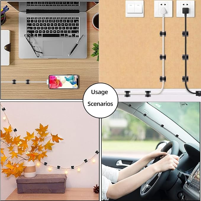 100 PCS White Adhesive Cable Clips Cord Organizer (Small, Medium,Large),Wire Holder for Cable Management, Outdoor Light Clips Light Hooks for LED String,Car Dash Cam, Extension Cord (White)-NeatNest
