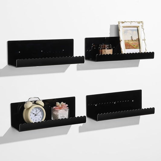 4 Pack Acrylic Wall Floating Shelves, Black Adhesive Organizer, Acrylic Floating Bookshelves, Wall Display Shelve for Bedroom, Gaming Room, Living Room, Bathroom, Office-NeatNest