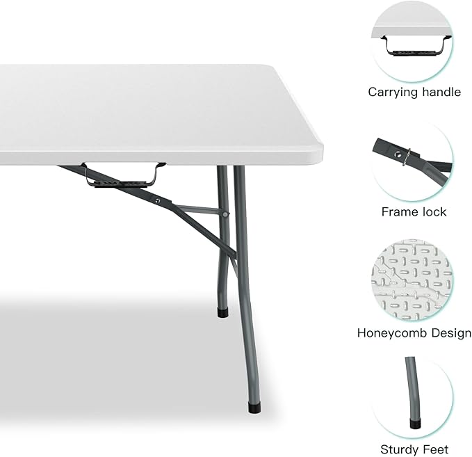 Generic 6 ft Folding Table, Portable Heavy Duty HDPE Fold-in Table, Lightweight Folding Table, Foldable Plastic Card Table for Party, Dining, Barbecue, Board Game with Carrying Handle - White-NeatNest
