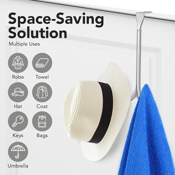 2-Pack Over The Door Hooks - with 2 Hang Heads & Snug Fit Pads Heavy Duty Hook for Hanging Coats, Towels, Caps & Robes - Elegant Matt Finish - No Drill Hanger Organizer - Silver