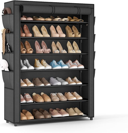 VTRIN Shoe Rack with Cover, 7 Tier Shoe Organizer Storage for 35-40 Pairs Shoes and Boots Large Capacity Tall Shoe Shelf with 8 Pockets Free Standing Shoe Rack for Closet, Entryway, Garage-NeatNest