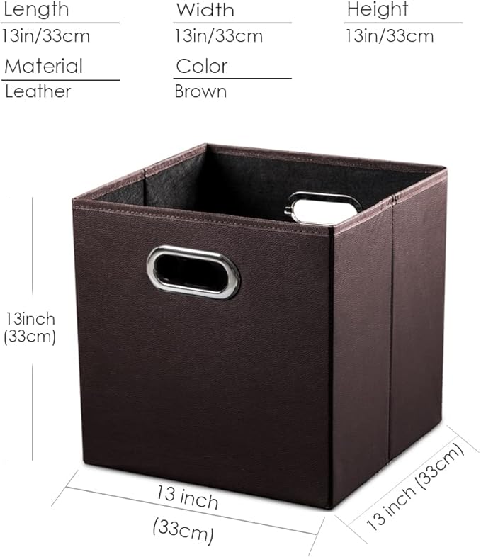 PRANDOM Leather Foldable Cube Storage Bins 13x13 inch [2-Pack] Fabric Storage Baskets Cubes Drawer with Cotton Handles Organizer for Shelves Nursery Closet Bedroom Clothes Brown-NeatNest