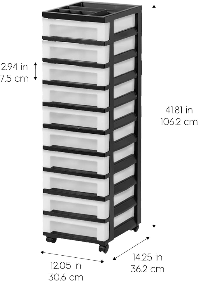 IRIS USA Plastic Drawer Storage Organizer Rolling Cart, with Wheels Casters, 10-Drawers, for Classroom Art Craft Supplies Dresser Closet Bathroom Laundry Room, Black/Pearl