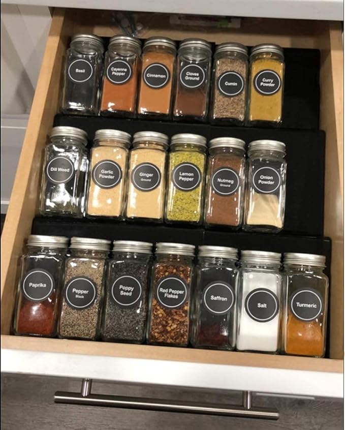 Artibear Expandable Aluminum Spice Rack Drawer Organizer for 8" to 16" Kitchen Cabinets Drawer Tray, Set of 6, Black-NeatNest