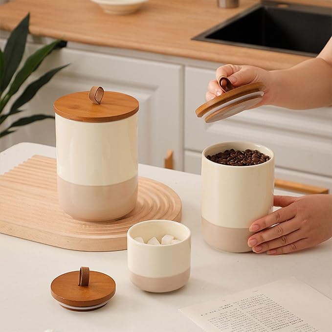 Coffee Canister, Ceramic Food Storage Jars with Lids Salt Matcha Container Brown Sugar Container Bowl for Kitchen Tea, Coffee Beans, Spice (#001Khaki-27oz/800ml)-NeatNest