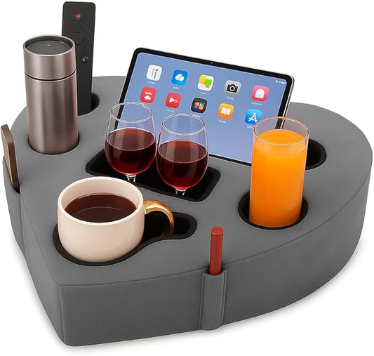 Heart-Shaped 8-in-1 Bed & Couch Cup Holder, Sofa Organizer Caddy Holds Phone, Tablet/iPad, TV Remote, Gaming Console, Mug - Drinks Cupholder Tray - Buddy Pillow Gift for Women & Couples, Gray-NeatNest