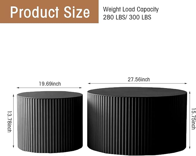 Round Coffee Table Set of 2, Nesting Coffee Table and End Table Set Small Circle Drum Side Table for Living Room Office, No Assembly (A Black Large)
