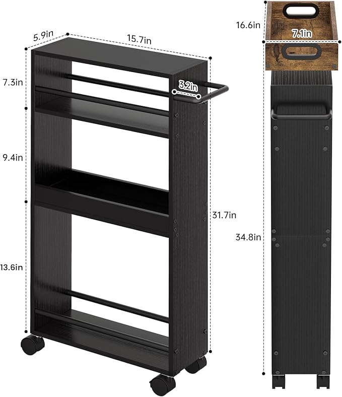 Slim Storage Cart, 4 Tier Bathroom Storage Cart with Pallets, Kitchen Utility Cart, Narrow Rolling Cart with Handle for Small Spaces for Dining Room, Bathroom, Laundry Room