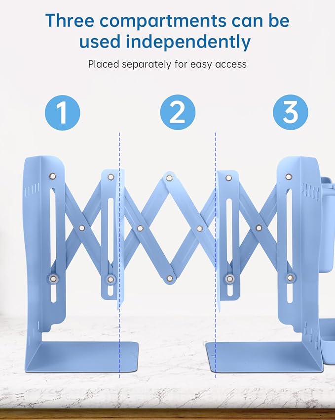 Honagu Adjustable Bookends, Metal Book Ends for Shelves Heavy Book, Desk Magazine File Organizer for Home, Office, Books, Papers with Removable Hook, Pen Holder（Light Blue）