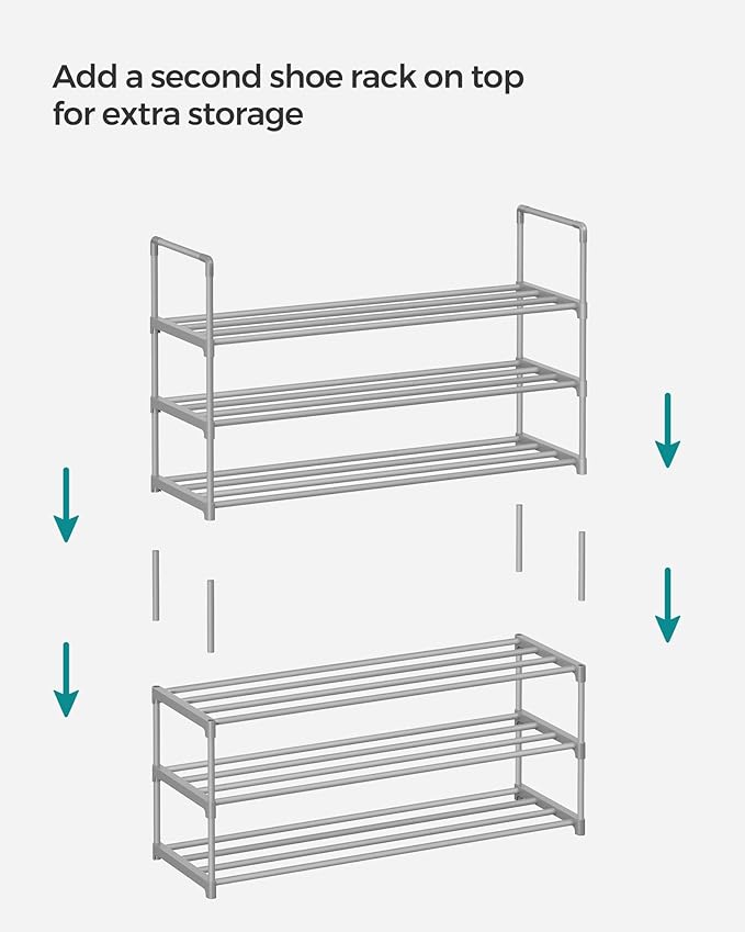 SONGMICS Shoe Rack, 3-Tier Shoe Organizer, Metal Storage Shelf, Upright or Upside Down, for 16-20 Pairs, Stackable, for Entryway, 11.8 x 36.2 x 21.7 Inches, Gray ULSA303G01-NeatNest