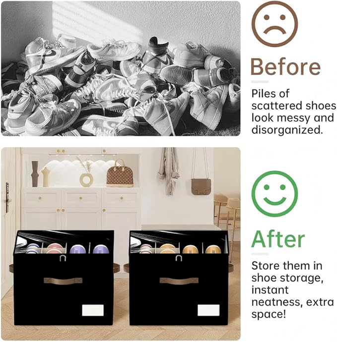 3 Pack Shoe Organizer for Closet, Foldable Shoe Storage Containers, Fits up to 24-48 Pairs, Shoe Storage Organizer Box Cubby Baskets Bins with Clear Cover and Reinforced Handles, Black-NeatNest