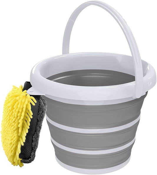 Collapsible Wash Bucket with Microfiber Mitt, 10L (2.6 Gallon) Portable Collapsiblle Buckett with Handle for Car Wash Household Cleaning, Multiuse Collapsibles Water Bucket and Car wash mitt - Grey-NeatNest