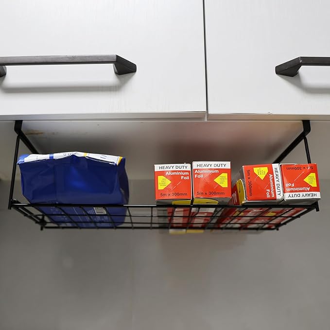 Foil and Plastic Wrap Organizer Kitchen Under Cabinet Desk Pantry Hanging Organizer Storage Foldable Rack (White-NeatNest