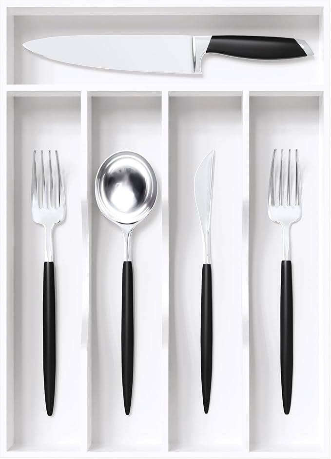 Greenual White Silverware Organizer 10 In Utensil Organizer Silverware Tray for Drawer Cutlery Flatware Organizer for Kitchen Bamboo Wood-NeatNest