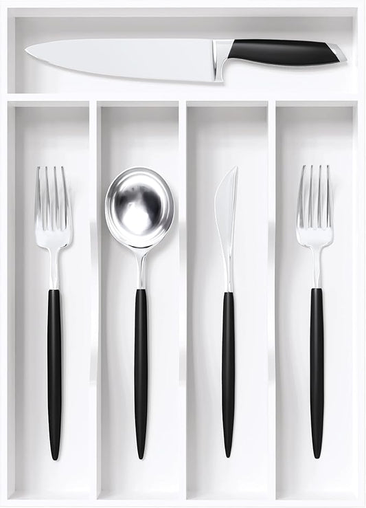 Greenual White Silverware Organizer 10 In Utensil Organizer Silverware Tray for Drawer Cutlery Flatware Organizer for Kitchen Bamboo Wood-NeatNest