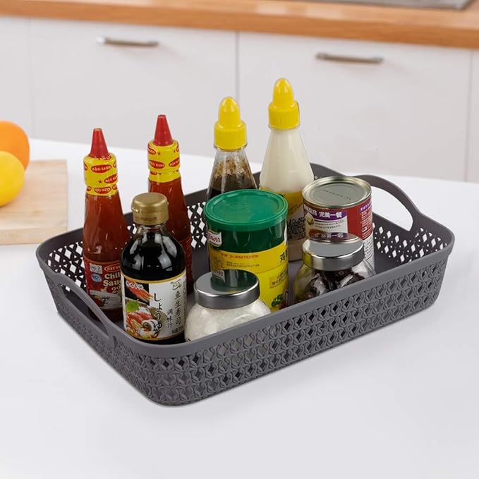 Kekow Plastic Storage Tray Basket with Handle, Set of 6, 13.22" x 10.23" x 2.95", Gray-NeatNest