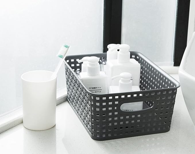 Grey Plastic Woven Storage Basket, 6-Pack Weave Gray Basket Organizer for Kitchen Office Bathroom-NeatNest