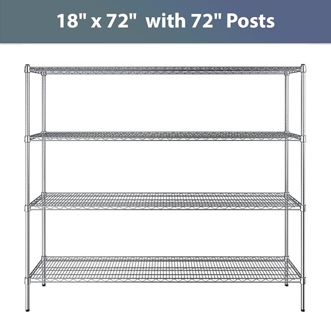 18" x 72" NSF Chrome 4-Shelf Kit with 72" Posts, Commercial Storage Rack Unit, Heavy Duty Storage Shelving, Wire Shelving Kit, Adjustable Rack Strong Steel, Multipurpose Wire Shelf