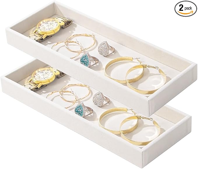 2Pcs Desk Drawer Storage Tray, Nightstand Organizer, Jewelry Display for Necklace, Bracelet, Ring, Earring, Grid Table Organizer Holder for Sunglass, Phone, Watch, Perfume (1 Grid)/Beige-NeatNest