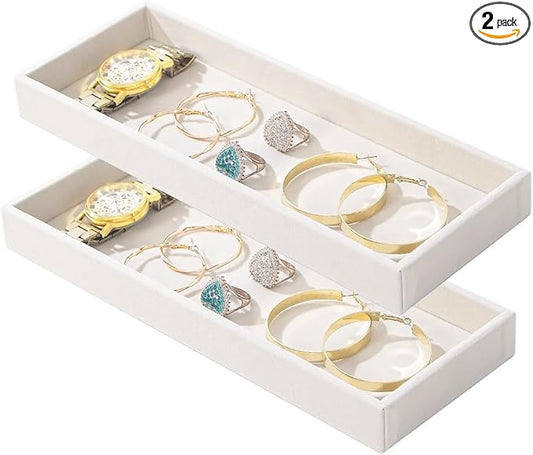 2Pcs Desk Drawer Storage Tray, Nightstand Organizer, Jewelry Display for Necklace, Bracelet, Ring, Earring, Grid Table Organizer Holder for Sunglass, Phone, Watch, Perfume (1 Grid)/Beige-NeatNest