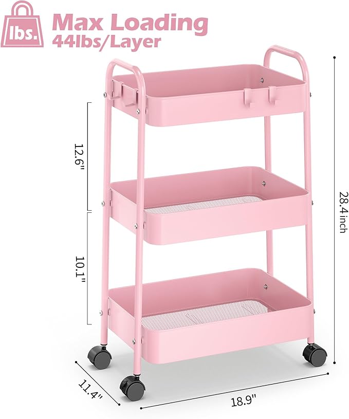 TOOLF Metal Utility Cart，3 Tier Rolling Cart wth 4 Hooks Storage Cart on Wheels Craft Cart with Handle for Organizer Storage for Classroom Office Dorm Home Pink