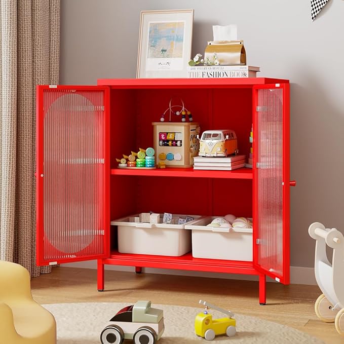 2 Doors Locker Metal Storage Cabinet, Buffet Cabinet with Glass Doors, Freestanding Metal Sideboard for Small Spaces, Living Room, Dining Room, Entryway (Buffet Cabinet, Red)