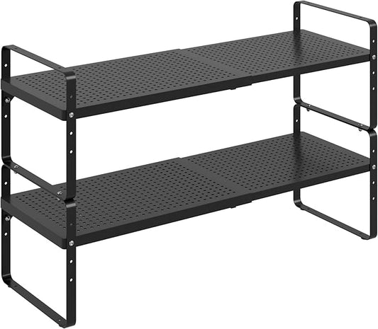 Expandable Cabinet Shelf Organizer Adjustable Metal Spice Rack Stackable Freestanding Counter Storage Shelves for Kitchen Cabinet Under Sink Office Desk (Black - 2Pack - L16.5-27'' * W10.2'' * H9.6'')-NeatNest