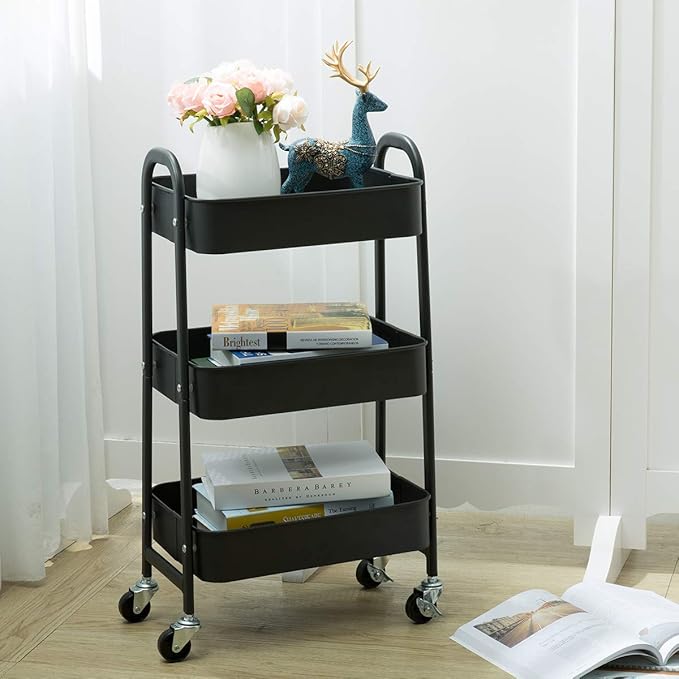 AGTEK Makeup Cart, Movable Rolling Organizer Cart, Black 3 Tier Metal Utility Cart-NeatNest
