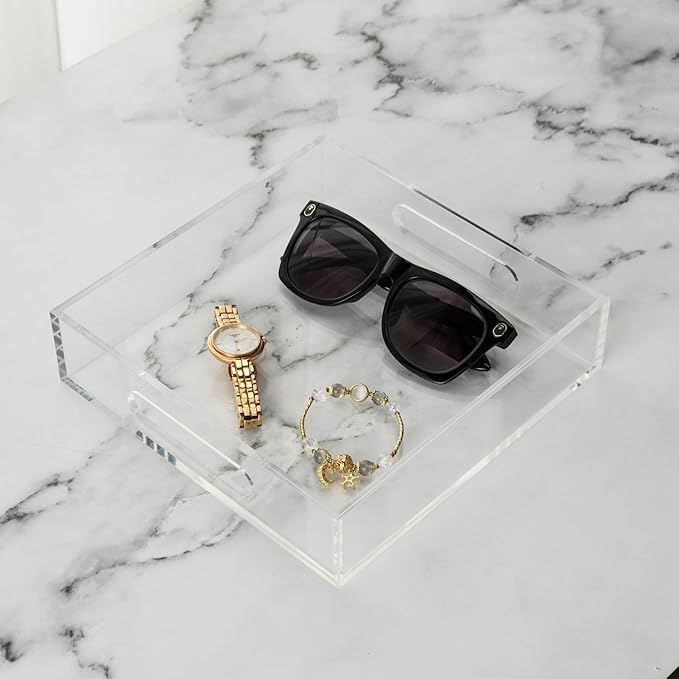 Clear Sturdy Acrylic Tray with Handles-8"x8"x2"H-Countertop Organizer Tray for Kitchen,Bathroom,Office- Storage Box for Cosmetics, Jewelry,Toiletries,Toy,Gadgets-NeatNest