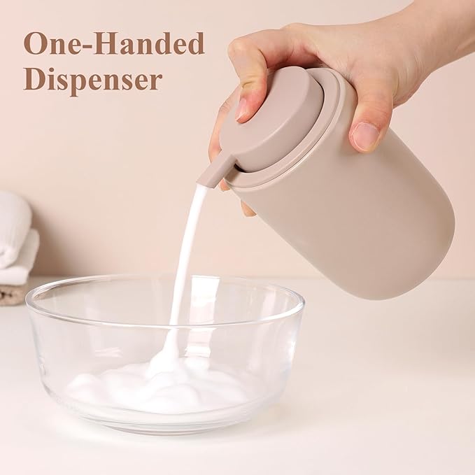 BosilunLife Foaming Soap Dispenser Set - Khaki Ceramic Foam Hand Dispenser 12oz Soap Dispenser Set with Rust Proof Pump, 4Pcs Clear Stickers for Kitchen, Bathroom - 2 Pack-NeatNest