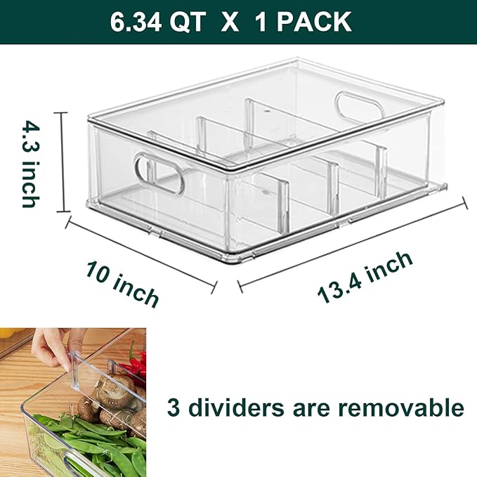 LALASTAR Refrigerator Organizer Bin with Pull-out Drawer, Large Fridge Organizer and Storage Clear, Stackable Pantry Organizer with Handle, BPA Free, 1 Pack, 6.34QT