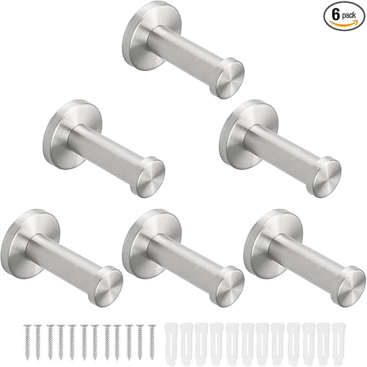 Bath Towel Hooks, 6 Pack Round Coat Hooks, Sturdy Wall Mounted Robe Hook, SUS 304 Stainless Steel Heavy Duty Clothes Hanger, Wall Hooks for Bathroom Bedroom Kitchen (3 in, Brushed)