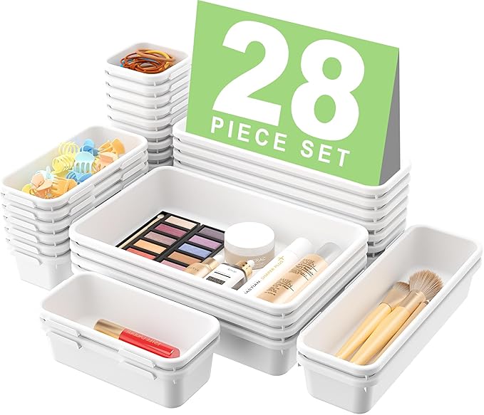 A-LuGei 【28PCS】 Drawer Organizer, Bathroom Organizers and Storage, Makeup organizer, Desk drawer organizer, Storage Bins for Kitchen Office Bedroom Vanity Jewelry Pantry Garage【White】【4Size】-NeatNest