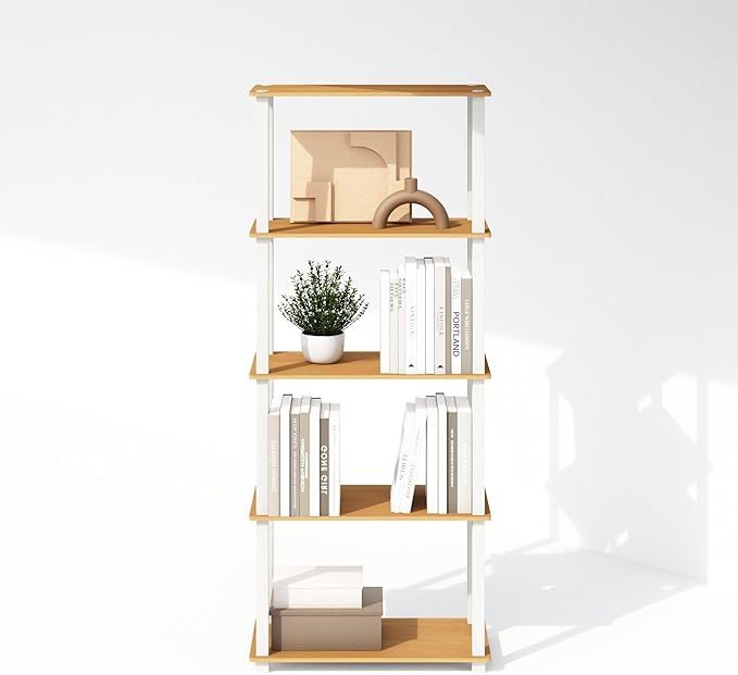 Furinno Turn-S-Tube 3-Tier Compact Multipurpose Shelf Display Rack with Square Tube, Beech/White, Set of 2-NeatNest