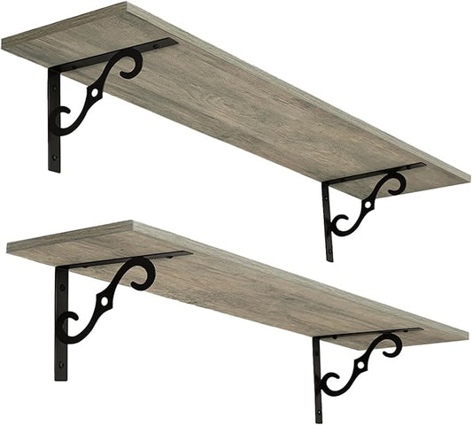 DINZI LVJ Long Wall Shelves, 23.6 Inch Large Floating Shelves Set of 2, Wide Display Shelf Wall Mounted with Brackets, Easy Hanging for Living Room, Toilet, Office, Bedroom, Gray Wash-NeatNest