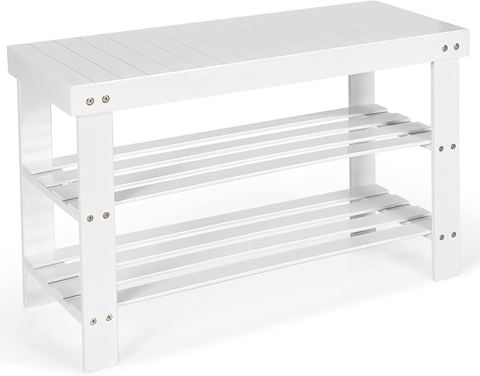 Giantex Entryway Shoe Bench, Bamboo Shoe Shelf Organizer Holds up to 6 Pairs, 3-Tier White Shoe Storage Rack Heels, Slippers for Entry, Living Room, Bathroom (White)