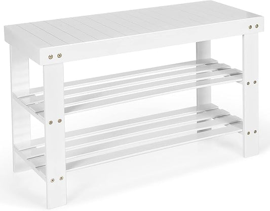 Giantex Entryway Shoe Bench, Bamboo Shoe Shelf Organizer Holds up to 6 Pairs, 3-Tier White Shoe Storage Rack Heels, Slippers for Entry, Living Room, Bathroom (White)