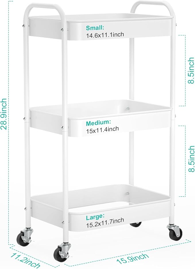3-Tier Rolling Metal Storage Cart with Wheels, Multi-Functional Organizer for Office, Kitchen, Bathroom, Books Diapers - Easy Assembly (White)-NeatNest