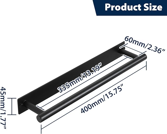 Alise Bath Towel Bars, 16 Inch Towel Hanger Towel Racks for Bathroom, SUS304 Stainless Steel Hand Towel Holder, Wall Mount with Self-Adhesive or Drilling, Matte Black