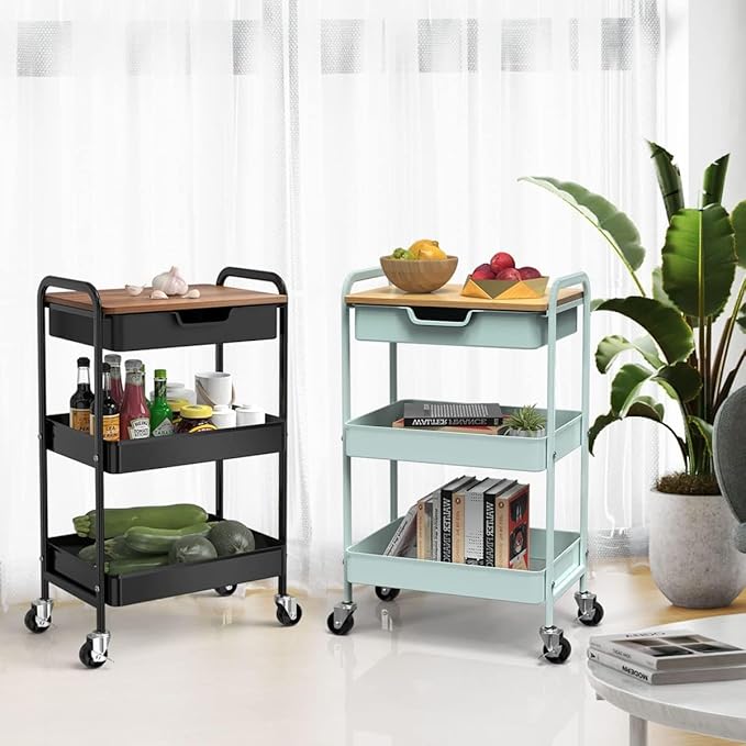 3 Tier Rolling Cart with Drawer, Metal Utility Cart on Wheels Storage Cart with Wood Top, Kitchen Cart Art Cart Organizer for Bathroom Office Balcony Living Room-NeatNest