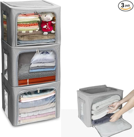 Stackable Clothes Storage Box for Clothing Gadgets,Steel Frame Storage Bins for Toys Gift,Foldable Oxford Fabric Closet Organizer Bag Set w/ Carry Handles Clear Window (Medium- 40L x3 Pack, Grey)-NeatNest