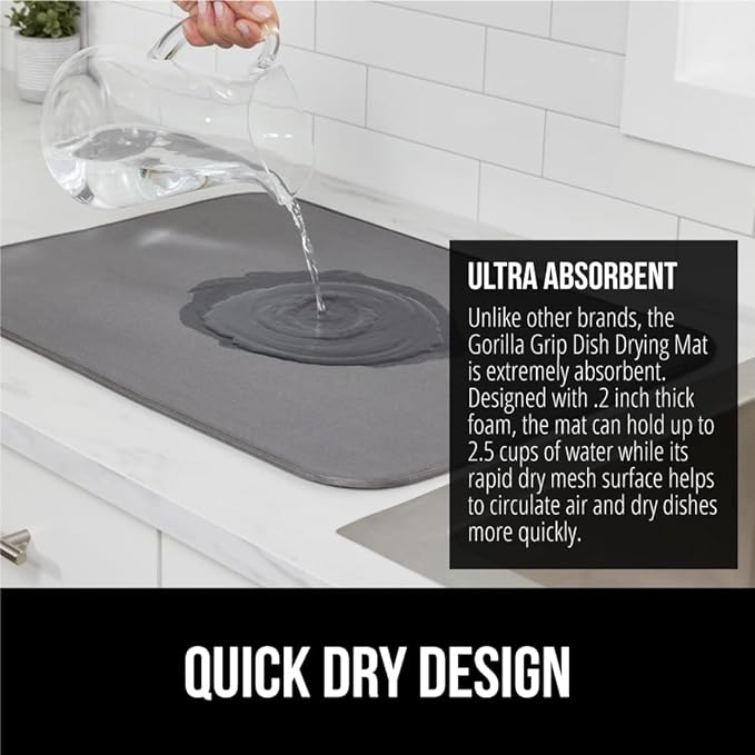 GORILLA GRIP Ultra Water Absorbent Microfiber Dish Drying Mat, Quick Dry Thick Mesh, Slip Resistant Pad for Sink Dishes or Under Rack, Kitchen Counter Accessories, 16x18, Machine Wash, 2 Pack Gray