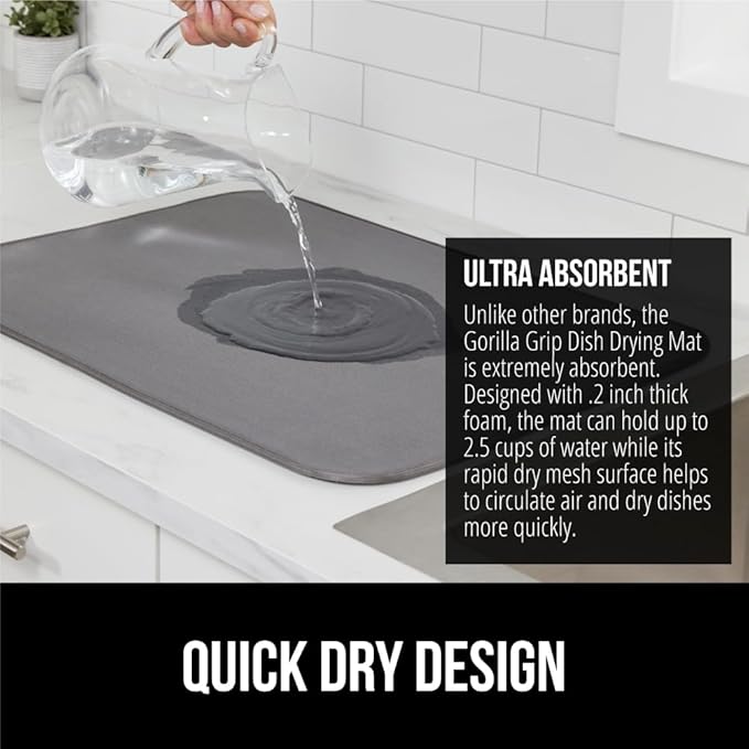 GORILLA GRIP Ultra Water Absorbent Microfiber Dish Drying Mat, Quick Dry Thick Mesh, Slip Resistant Pad for Sink Dishes or Under Rack, Kitchen Counter Accessories, 16x18, Machine Wash Mats, Gray